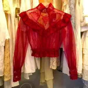 Antique vintage burgundy, red long sleeve lace top blouse, Boho, 70s 80s sexy